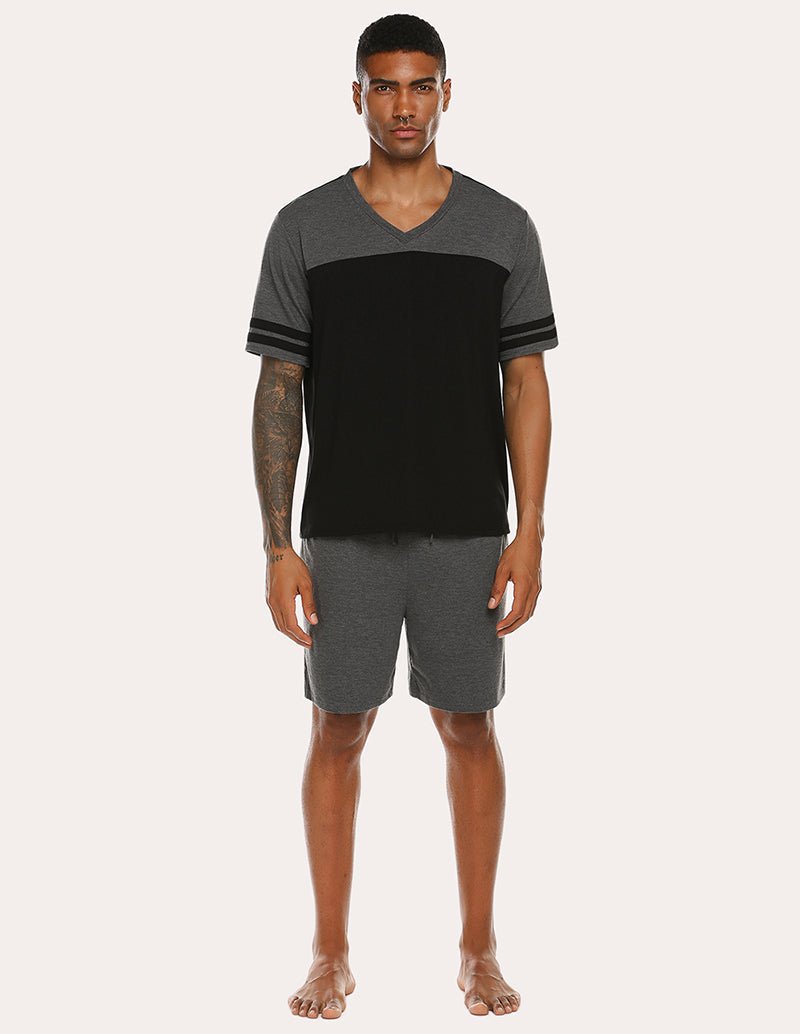 Kontrastfarbenes T-Shirt-Shorts-Set, Schwarz/Grau mit V-Ausschnitt und kurzen Hosen