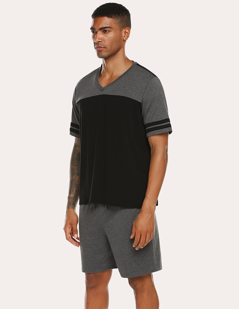 Men's contrast pajama set with black chest panel, gray tee, gray shorts