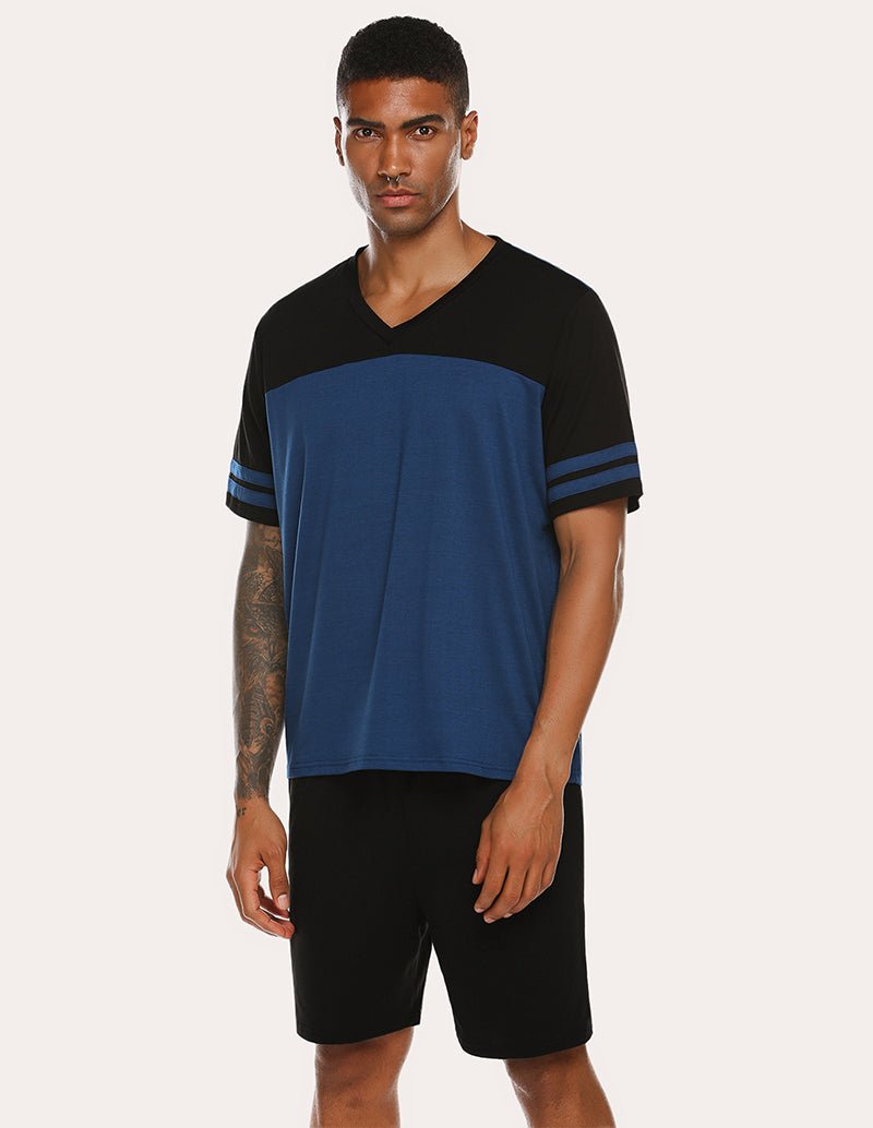 Men's contrast pajama set with navy center tee and black shorts