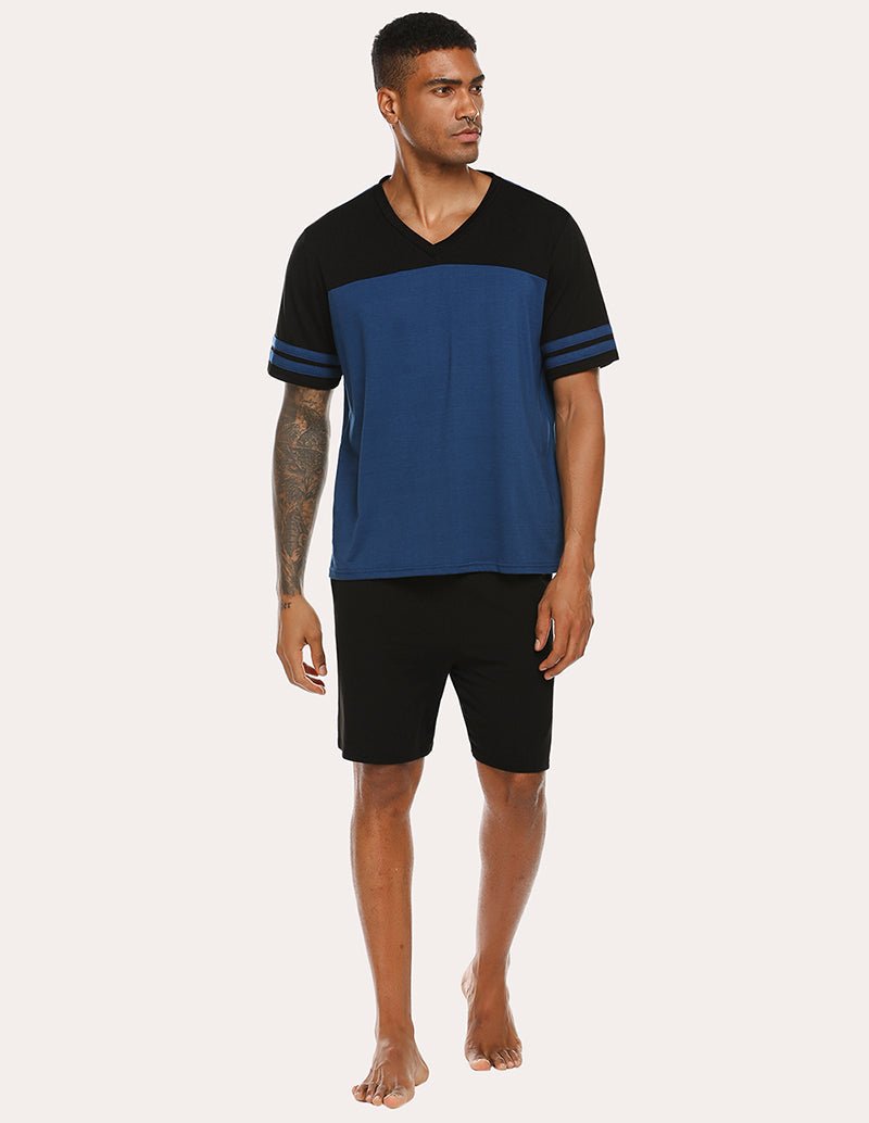 Men's contrast color pajama set, black V-neck T-shirt with blue panel and black shorts
