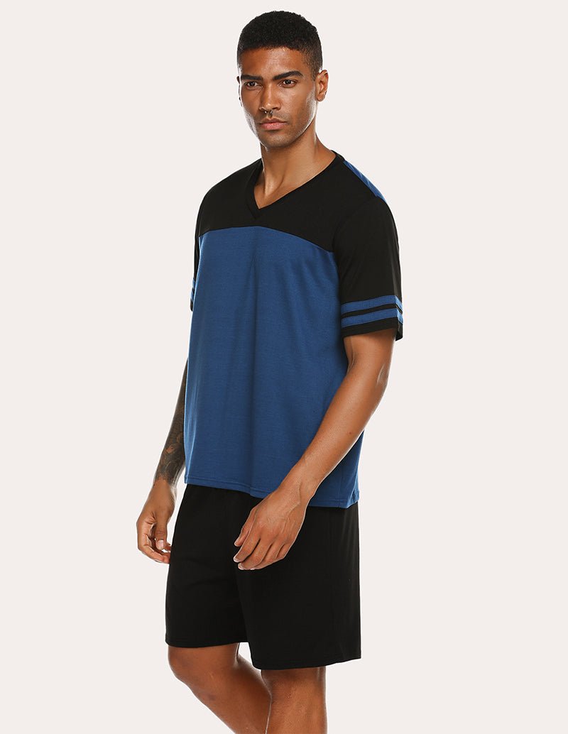 Men's contrast color pajama set, blue front V-neck tee with black sleeves and black shorts