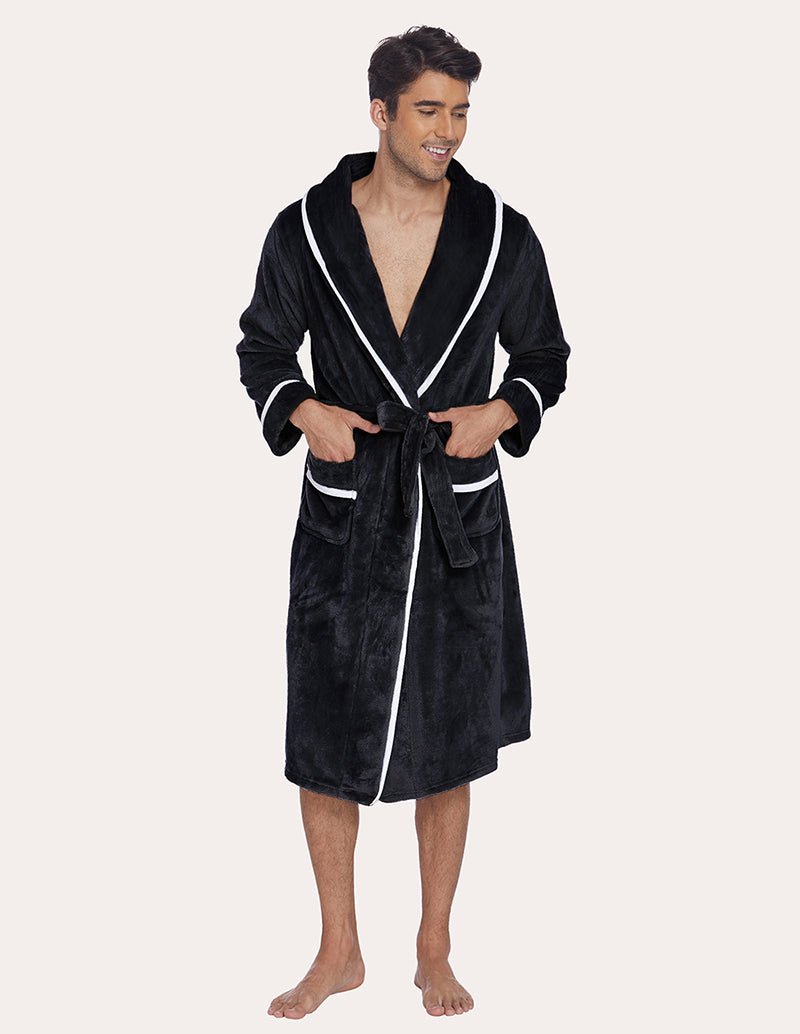 Men’s dark flannel robe front view with belt tie and white-trimmed shawl collar.