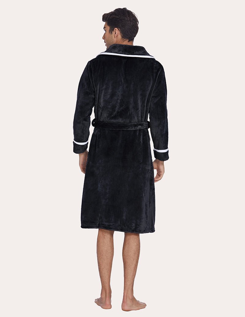 Men’s flannel robe black, back view, white-trim collar and belt