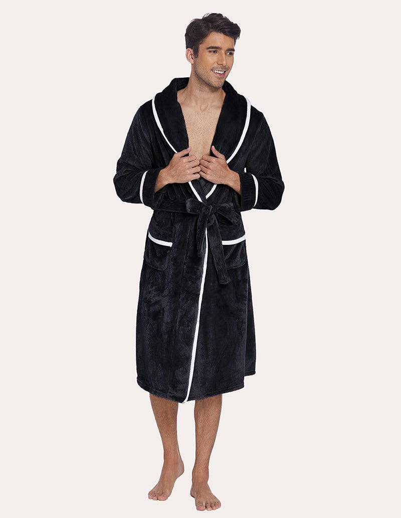 Men’s dark flannel robe front view with belt tie and white-trimmed shawl collar.