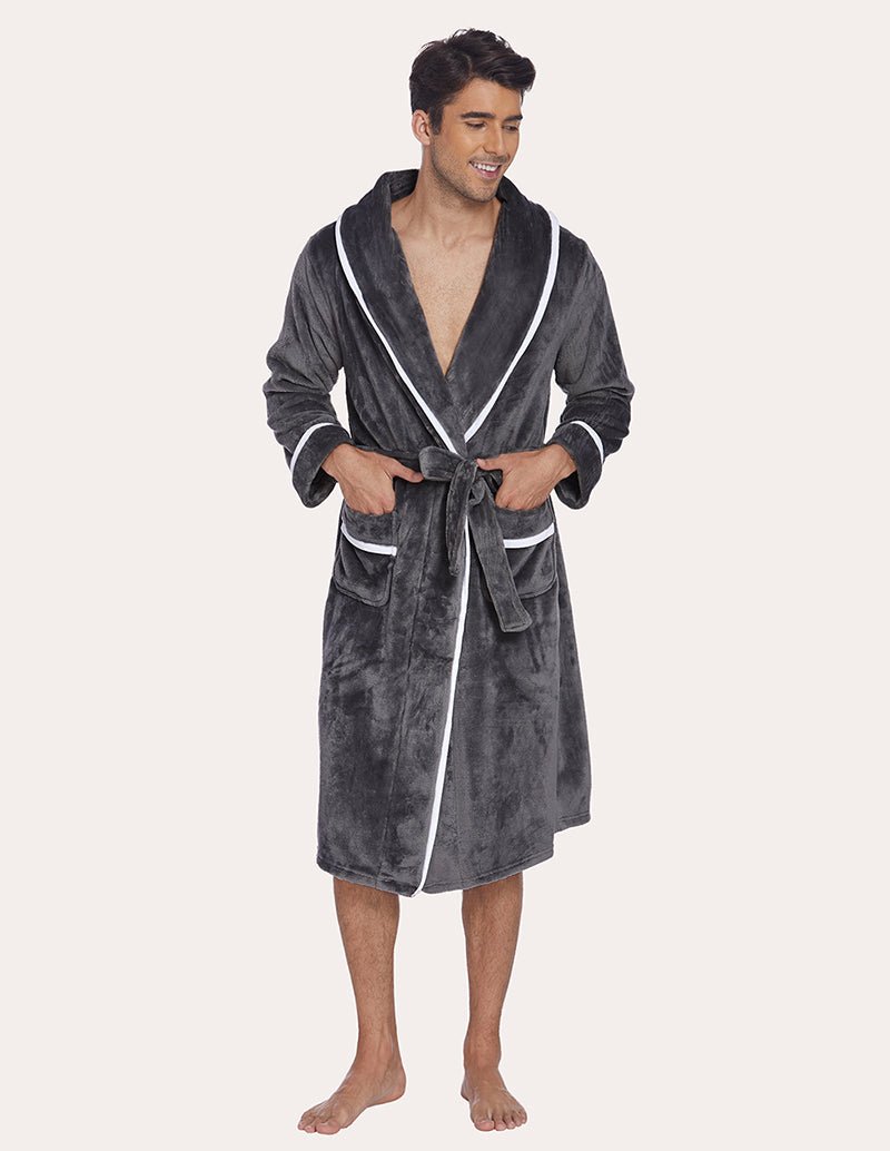 Men’s grey flannel robe front view with belt tie and white-trimmed shawl collar.