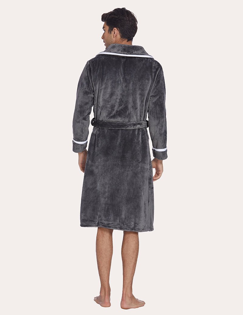 Men’s grey flannel robe back view with belt tie and white-trimmed cuffs and collar.