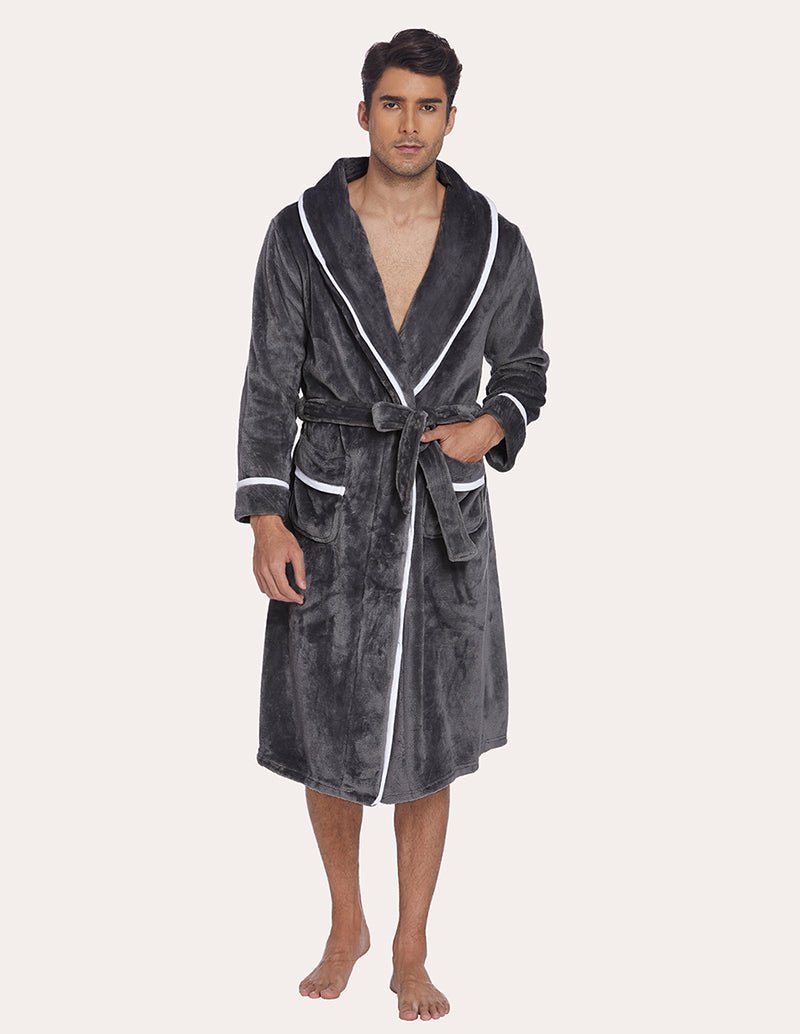 Men’s grey flannel robe with shawl collar, belt tie, patch pockets, and white trim.