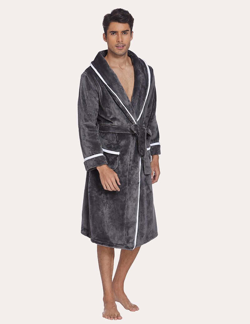Men’s grey flannel robe front view with belt tie, patch pockets, and white trim.
