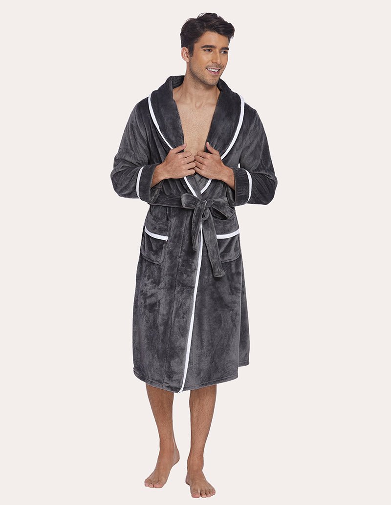 Men’s grey flannel robe front view with belt tie and white-trimmed shawl collar.