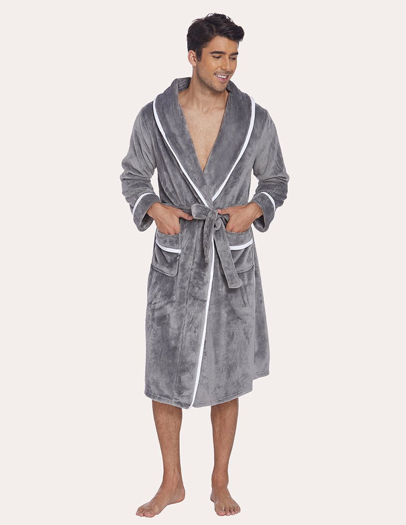 Men's flannel robe, gray with contrast trim and tie belt, angled front view