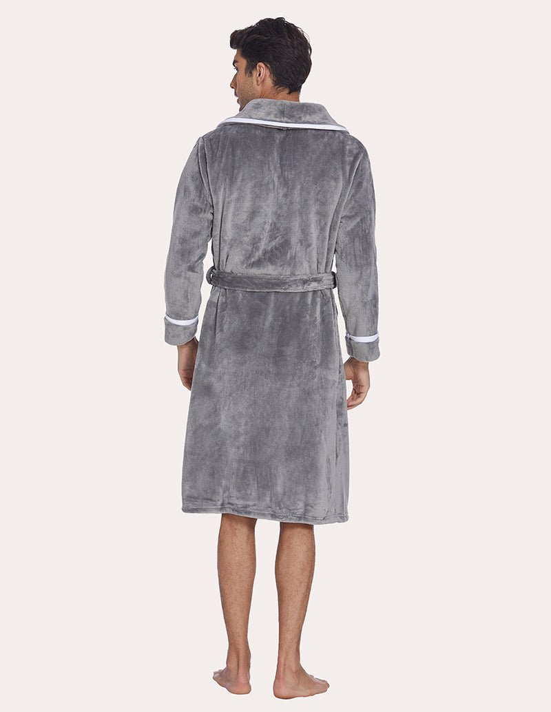 Men's flannel robe, gray with contrast trim and tie belt, back view