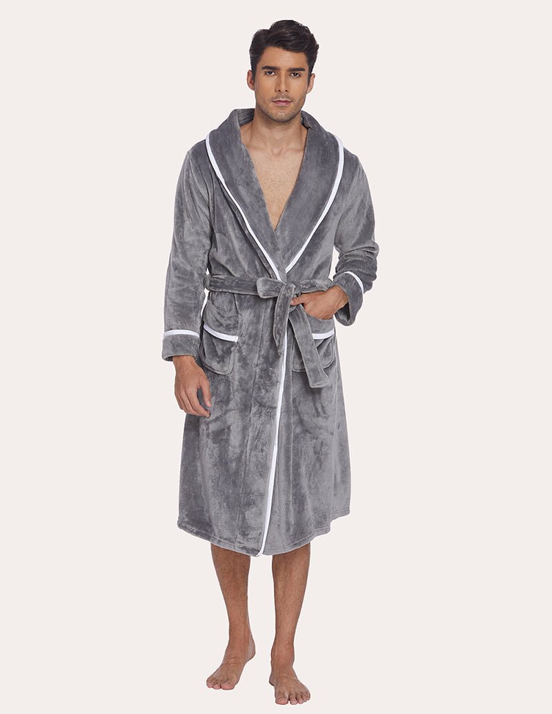 Men's flannel robe, gray with contrast trim and tie belt, front view