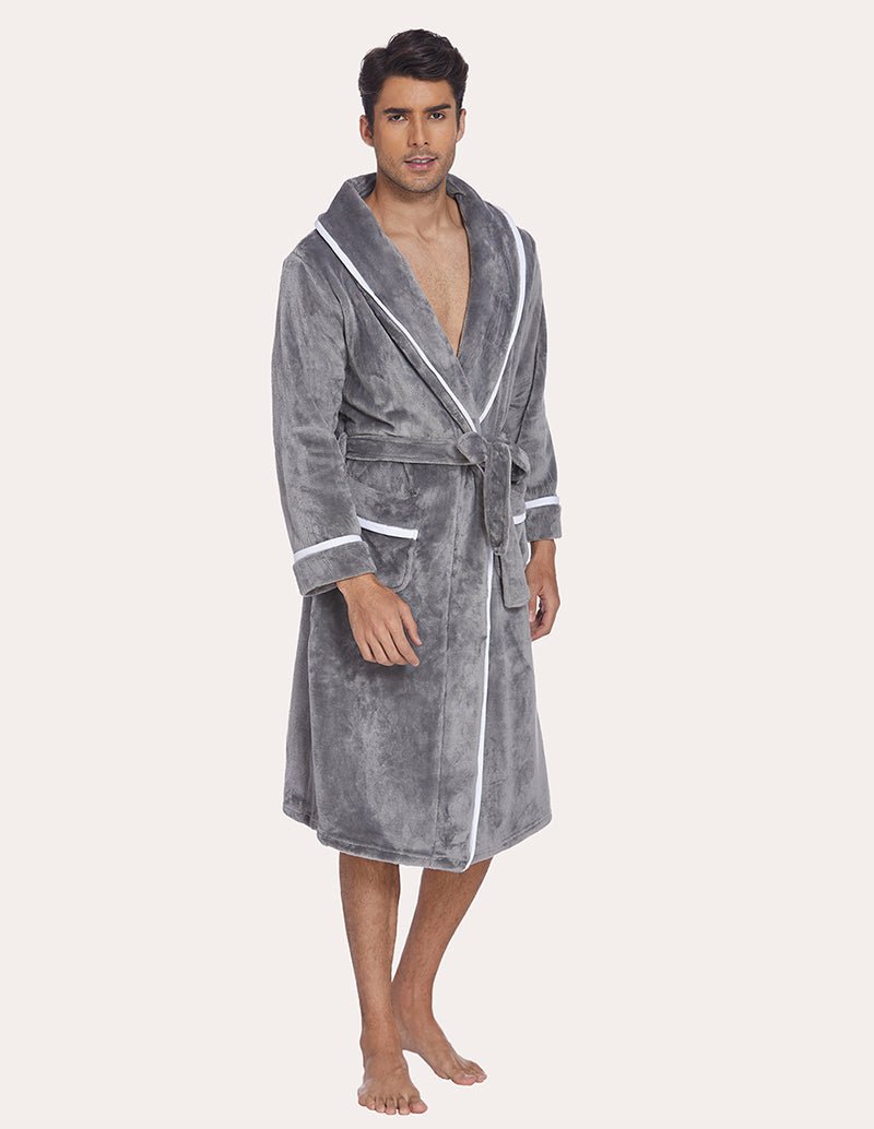 Men's flannel robe, gray with contrast trim and tie belt, standing front view
