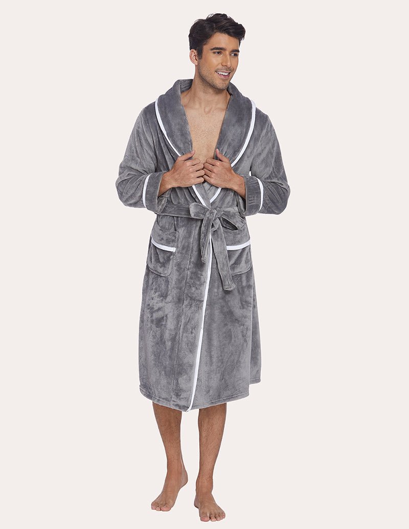Men's flannel robe, gray with contrast trim and tie belt, hands at chest