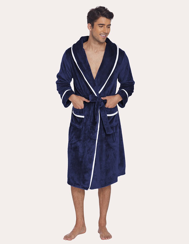 Men's flannel robe, navy with contrast trim and tie belt, angled front view