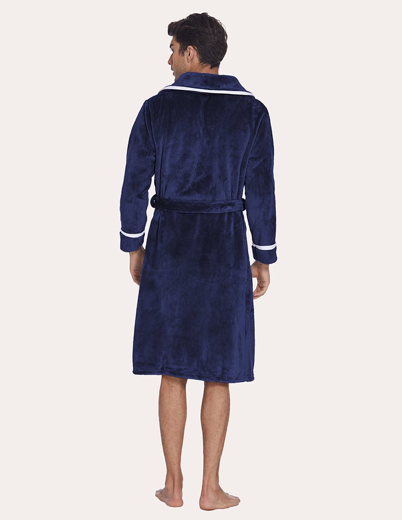 Men's flannel robe, navy with contrast trim and tie belt, back view