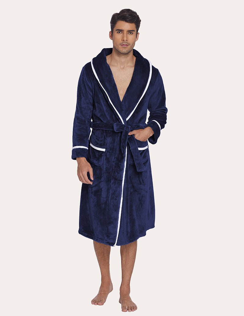 Men's flannel robe, navy with contrast trim and tie belt, front view