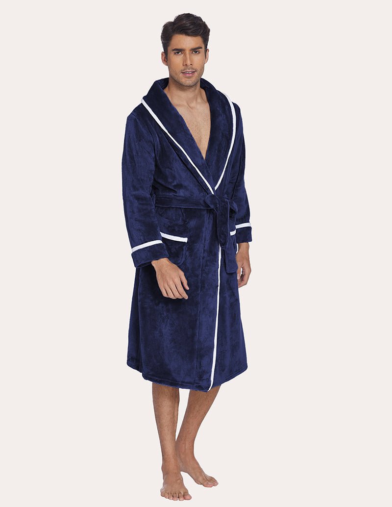 Men's flannel robe, navy with contrast trim and tie belt, standing front view