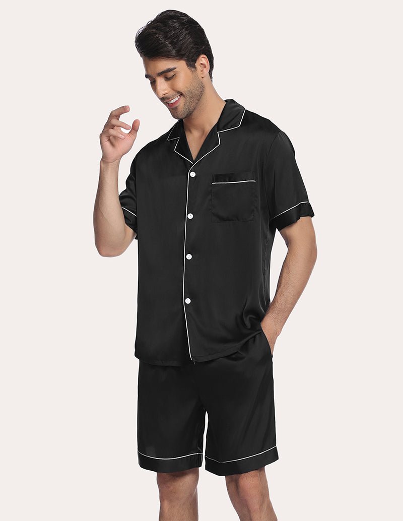 Black men’s satin pajama set, button-up shirt with chest pocket and matching shorts