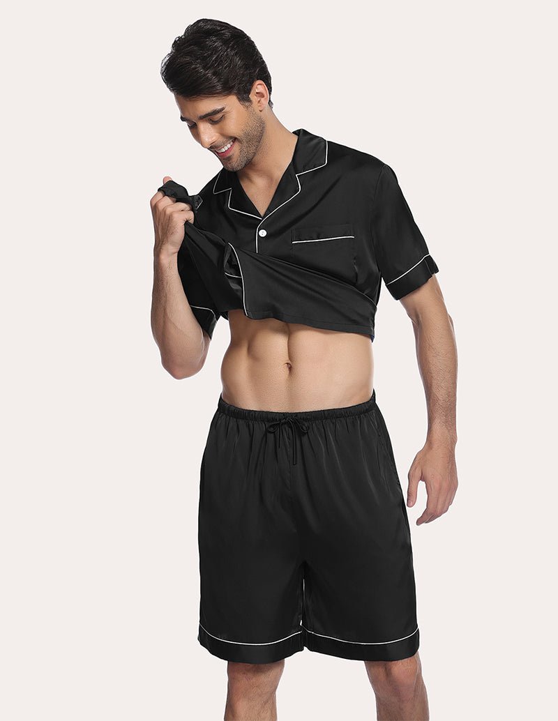 Black men’s satin pajama set, half-tuck look: short-sleeve shirt and drawstring shorts