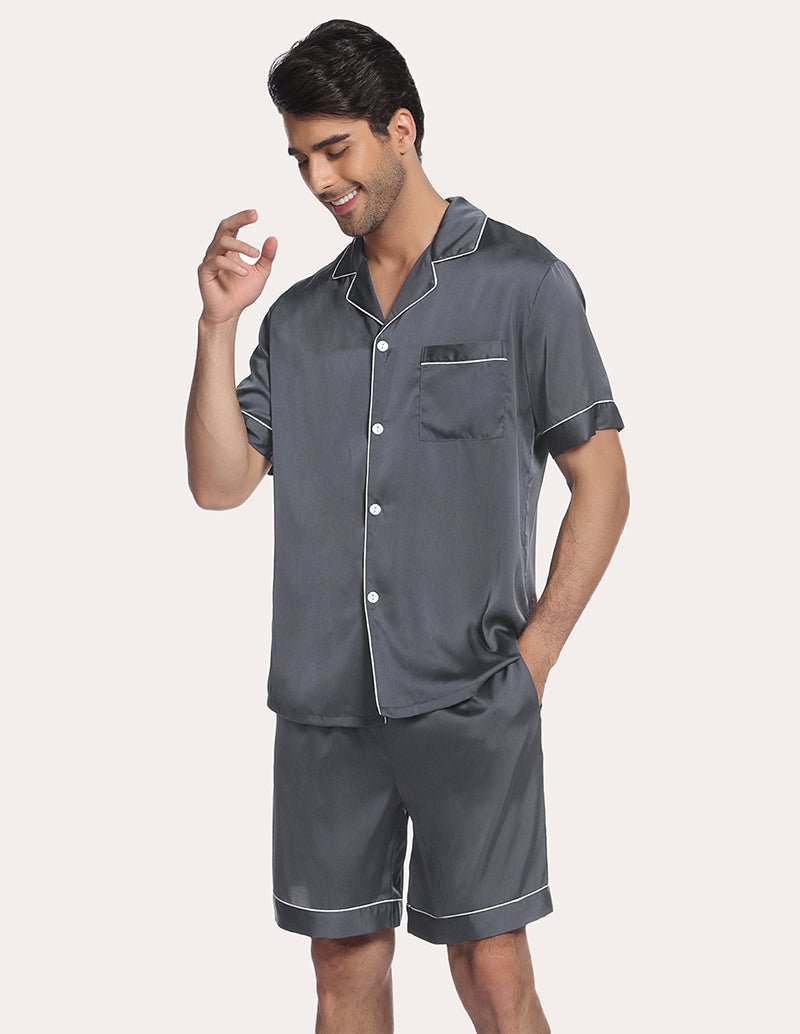 Dark blue men’s satin pajama set, chest pocket button shirt with matching shorts