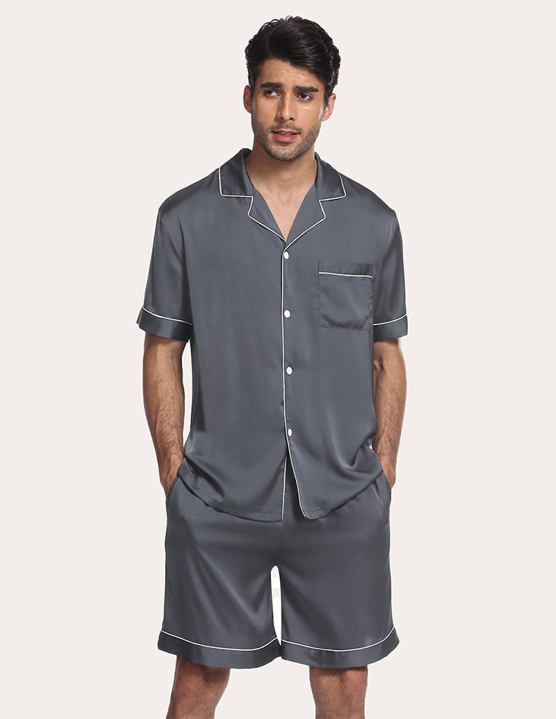 Men’s satin pajama set in dark blue, button-up shirt and matching shorts with contrast piping