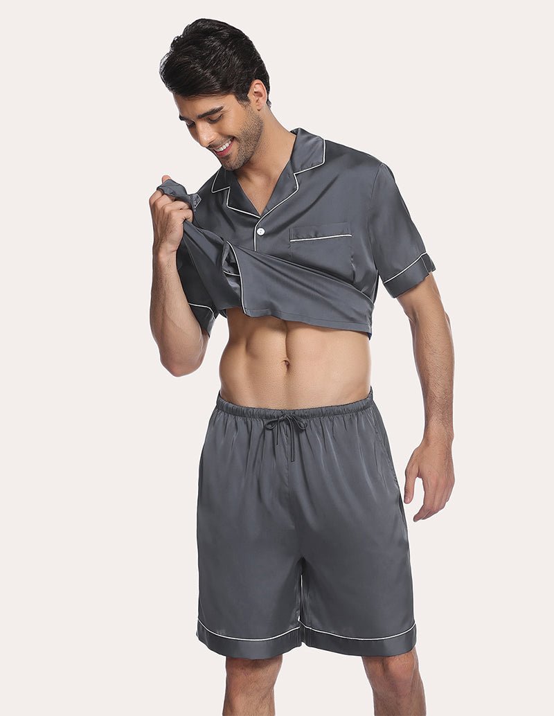 Dark blue men’s satin pajama set, drawstring waist shorts and open-collar button shirt
