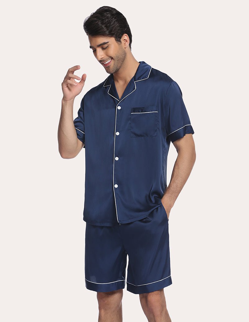 Men satin pajama set in navy blue, button-front shirt with chest pocket and shorts