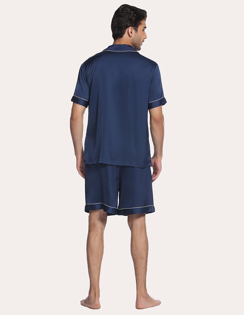 Men satin pajama set in navy blue, short-sleeve shirt and matching sleep shorts