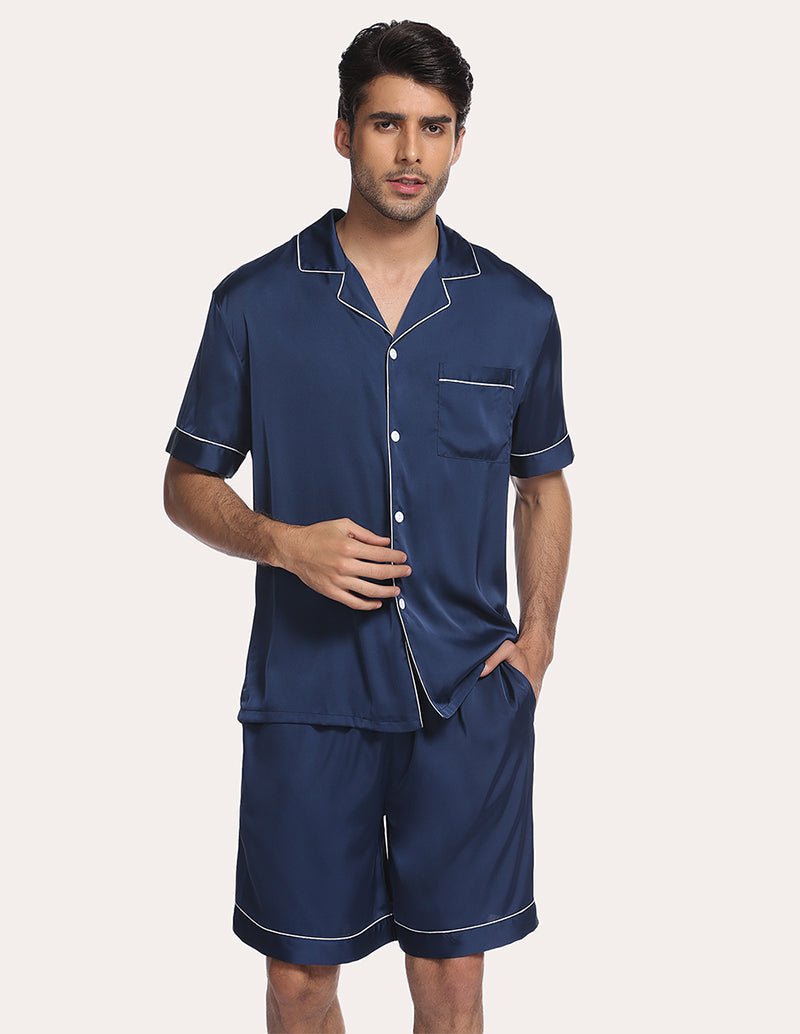 Ekouaer Men Satin Pajama Set, navy blue short-sleeve button shirt and matching shorts