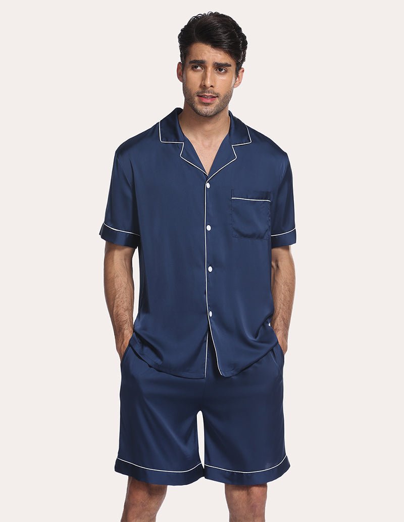 Men satin pajama set, navy blue short-sleeve collared shirt with matching sleep shorts