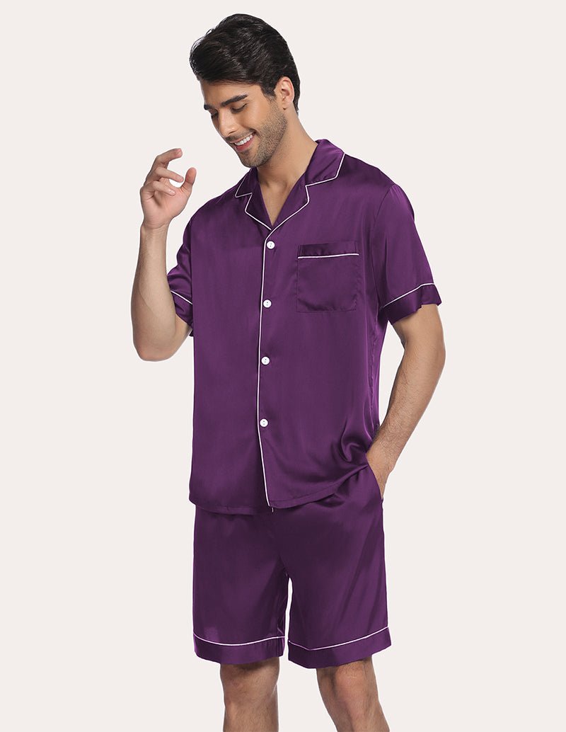 Men satin pajama set in wine red, button-front shirt with chest pocket and sleep shorts
