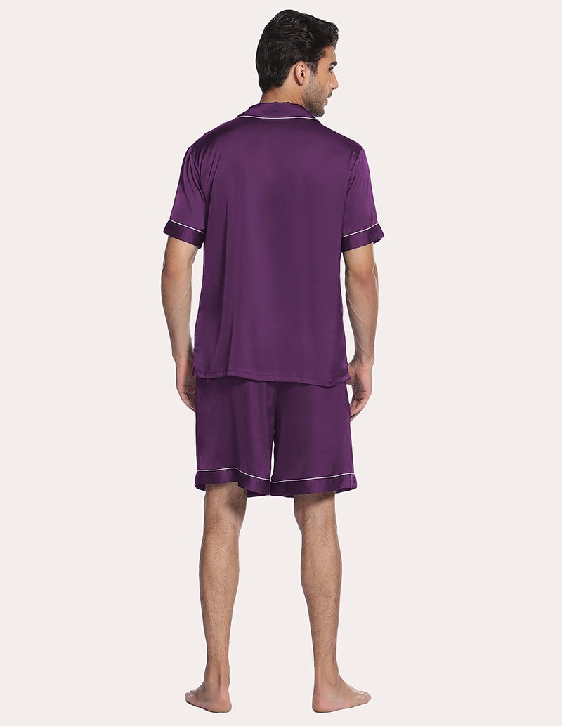 Wine red men satin pajama set, back view of short-sleeve shirt and sleep shorts