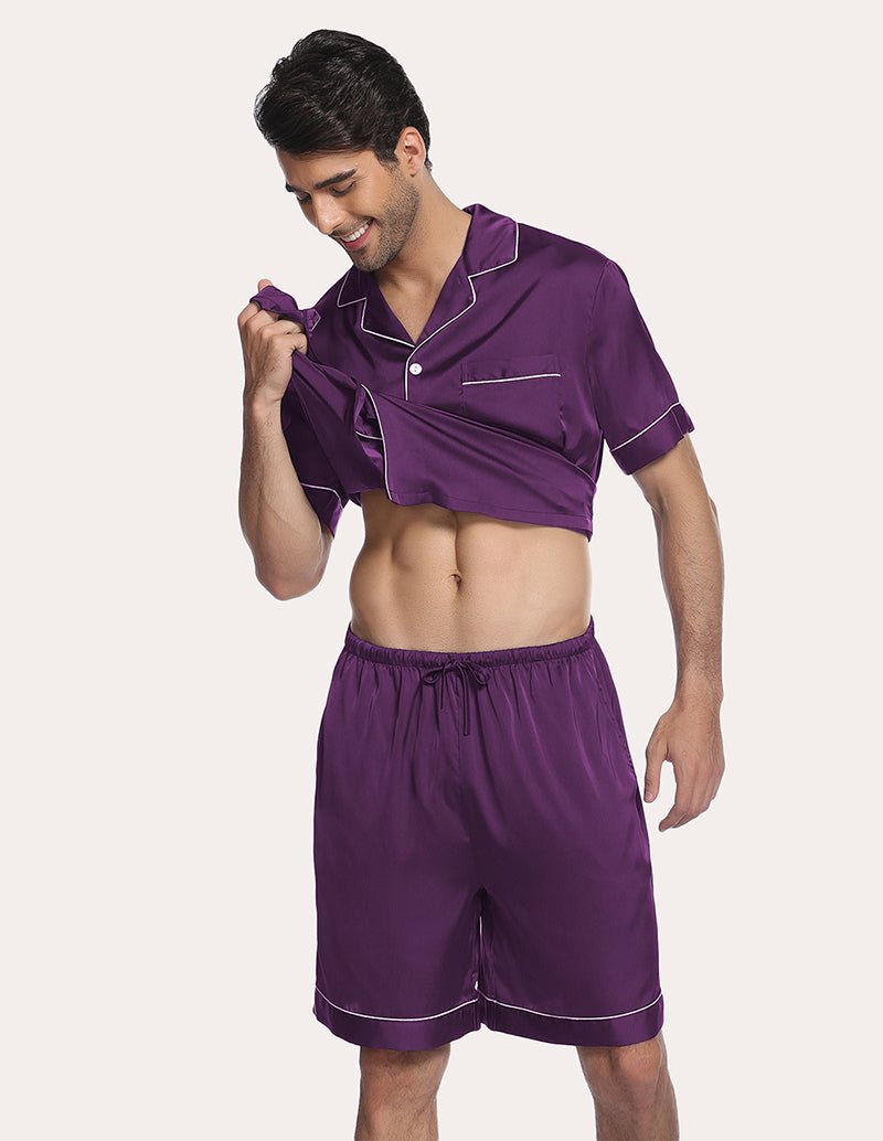 Men satin pajama set in wine red, drawstring waist shorts with contrast trim and open shirt