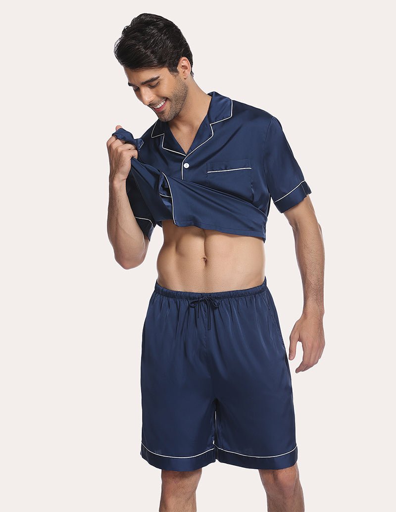Men satin pajama set in navy blue, open collar shirt with contrast piping and drawstring shorts