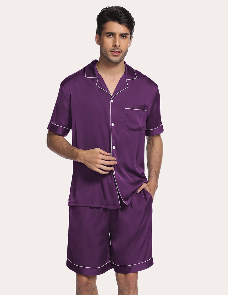Men satin pajama set in wine red, short-sleeve collared button shirt with matching shorts