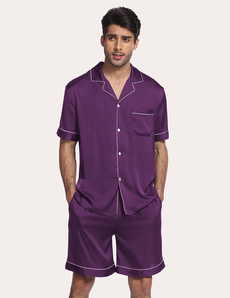 Men Satin Pajama Set in wine red, short-sleeve button shirt and matching shorts