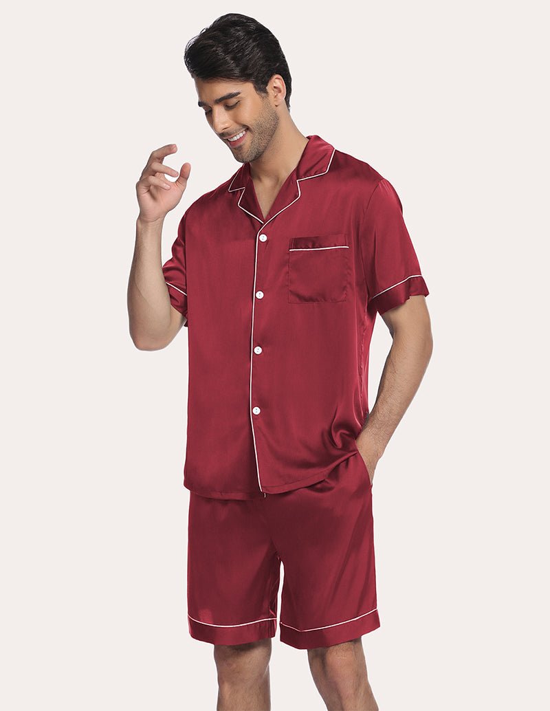 Wine-red satin pajama set: open-collar button shirt with piping, drawstring shorts