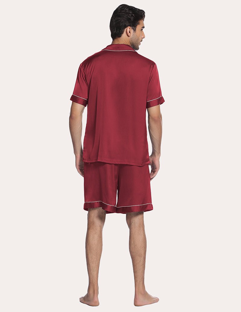 Wine-red satin pajama set, back view: short-sleeve shirt and knee-length shorts