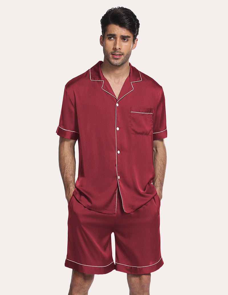 Wine-red satin pajama set: short-sleeve button shirt with chest pocket, matching shorts