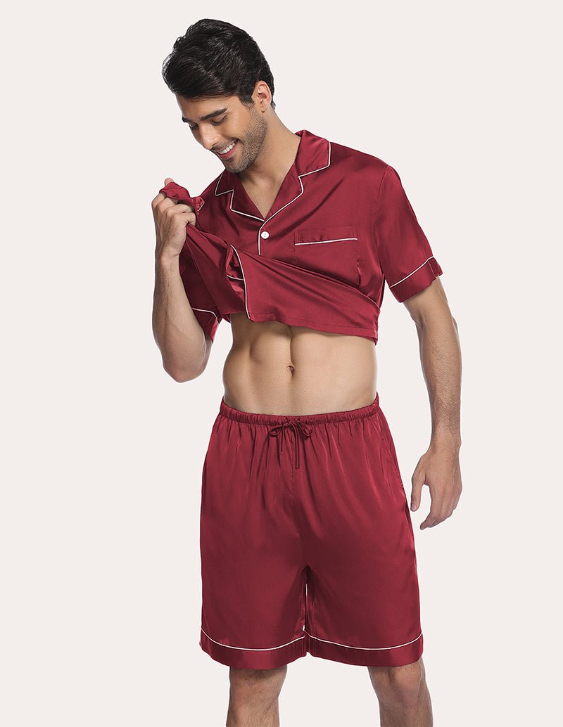 Wine-red satin pajama set: half-button shirt and elastic drawstring shorts, side view