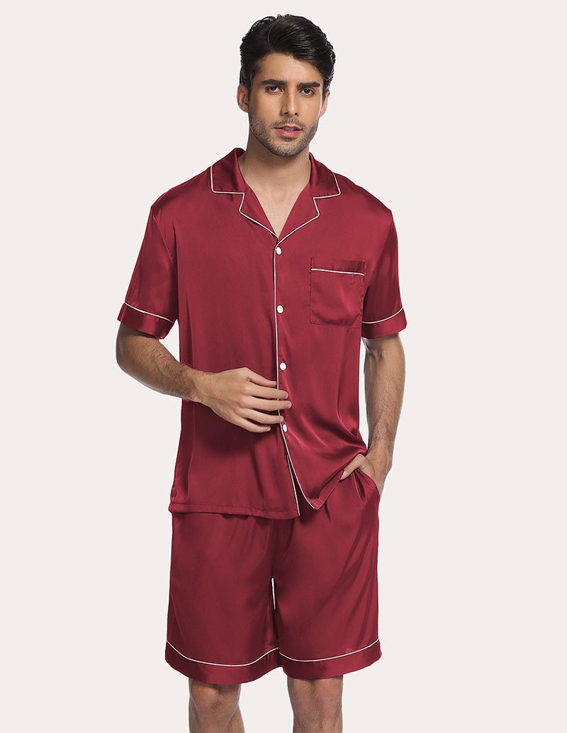 Wine-red satin pajama set: short-sleeve collared shirt and knee-length shorts, front view