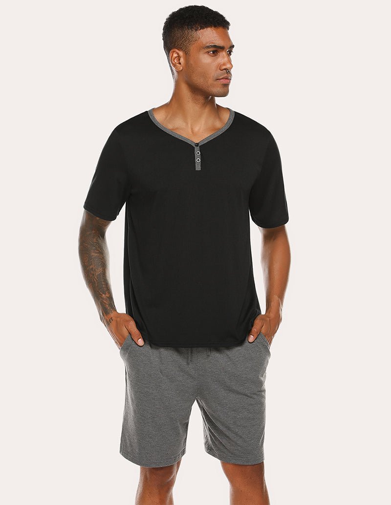 Men's black henley pajama top with gray drawstring shorts set