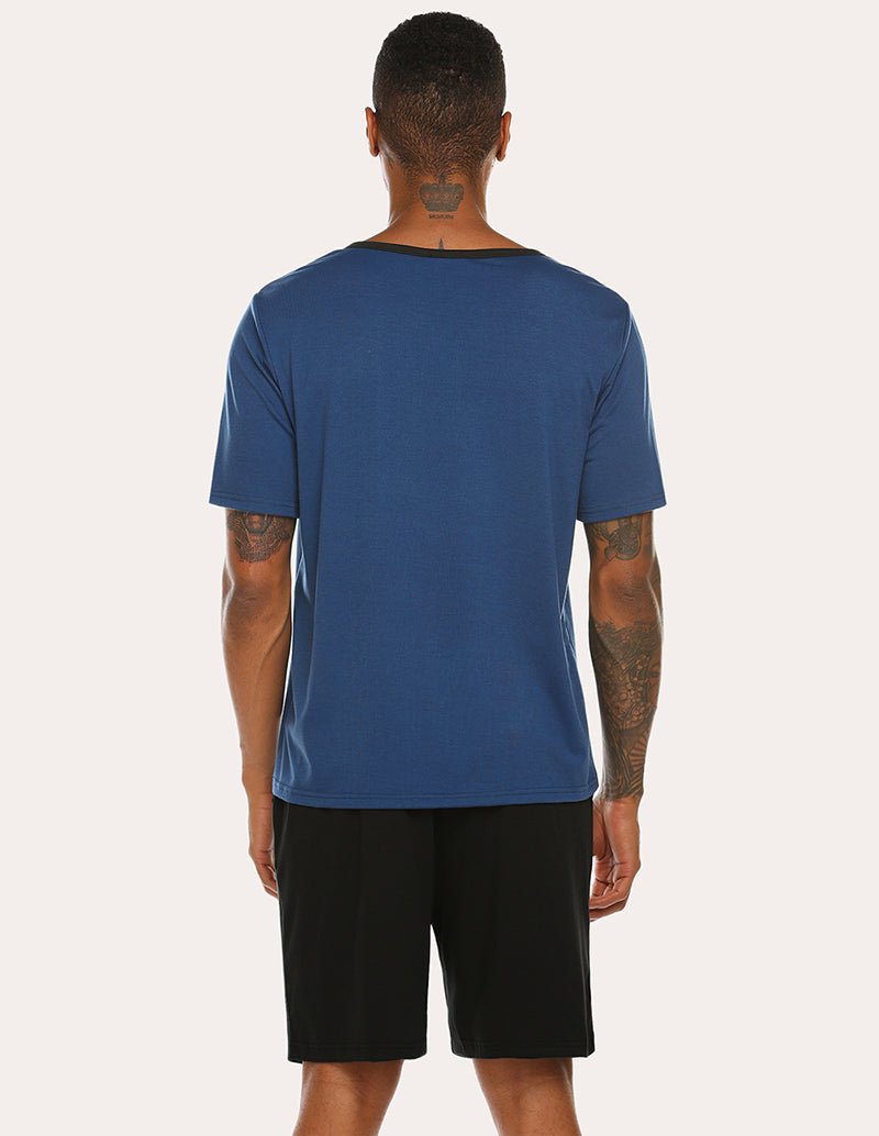 Men's navy pajama top (back) with black sleep shorts, short sleeves