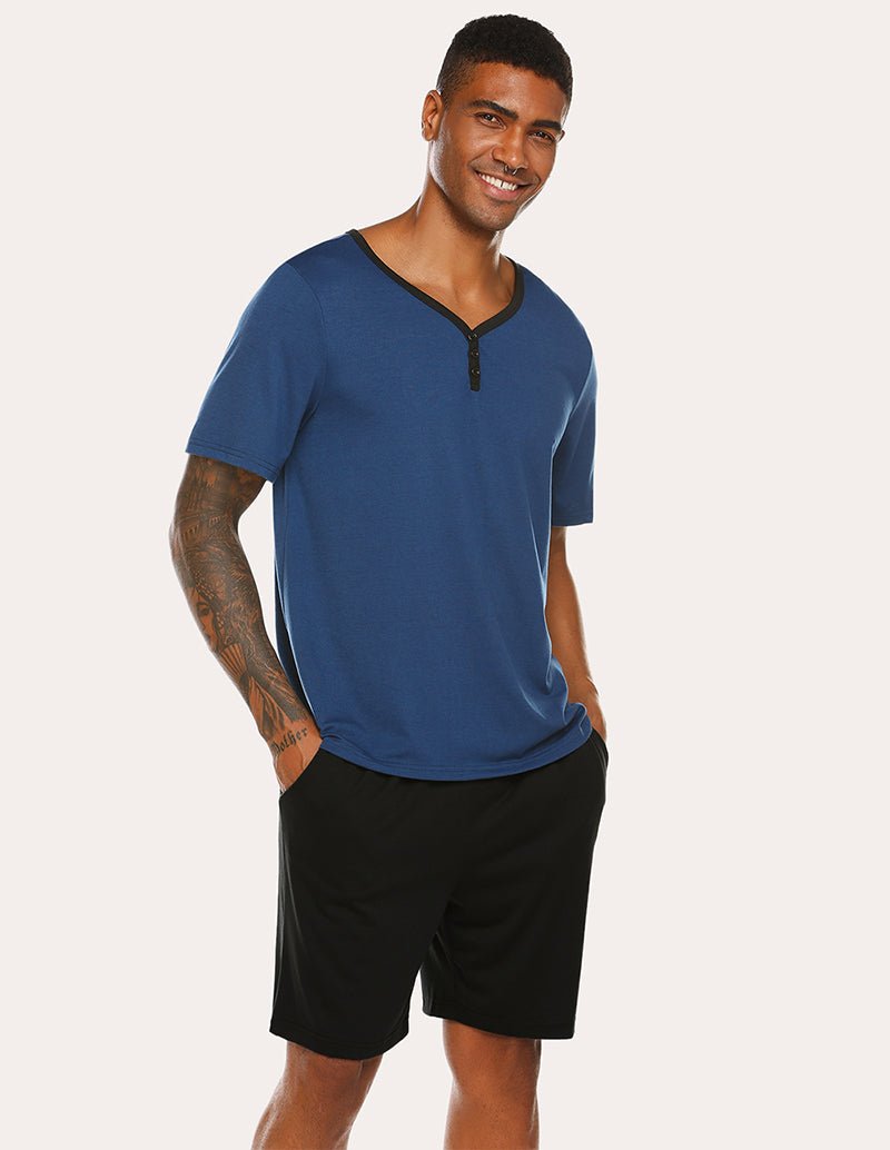 Men's navy short-sleeve henley pajama top with black sleep shorts, V-neck placket