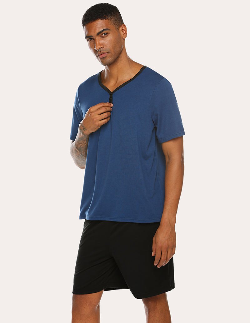 Men's navy short-sleeve henley pajama top with black sleep shorts, button front