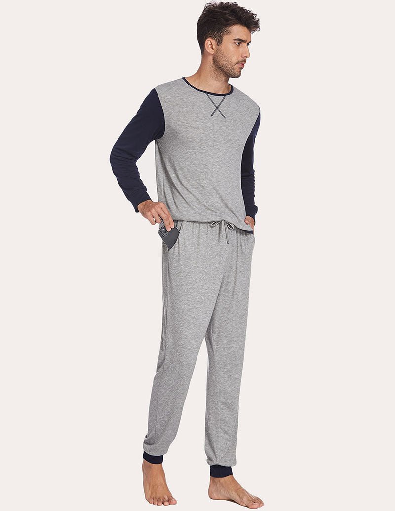 Men's two-piece pajama set side view: light grey jogger pants with drawstring waist