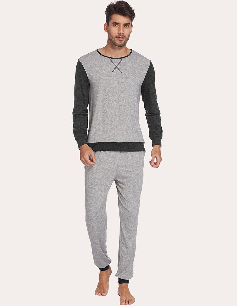 Men's two-piece pajama set front view: light grey long-sleeve top with navy sleeves