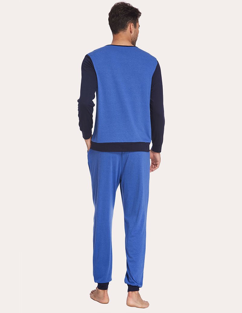 Men's blue two-piece pajama set shown from back, long sleeves and jogger pants