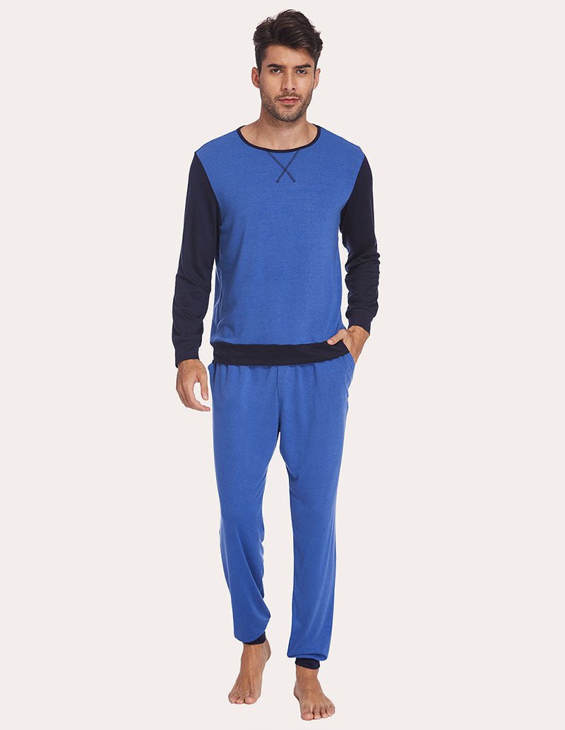 Men's blue two-piece pajama set with long-sleeve top and jogger pants